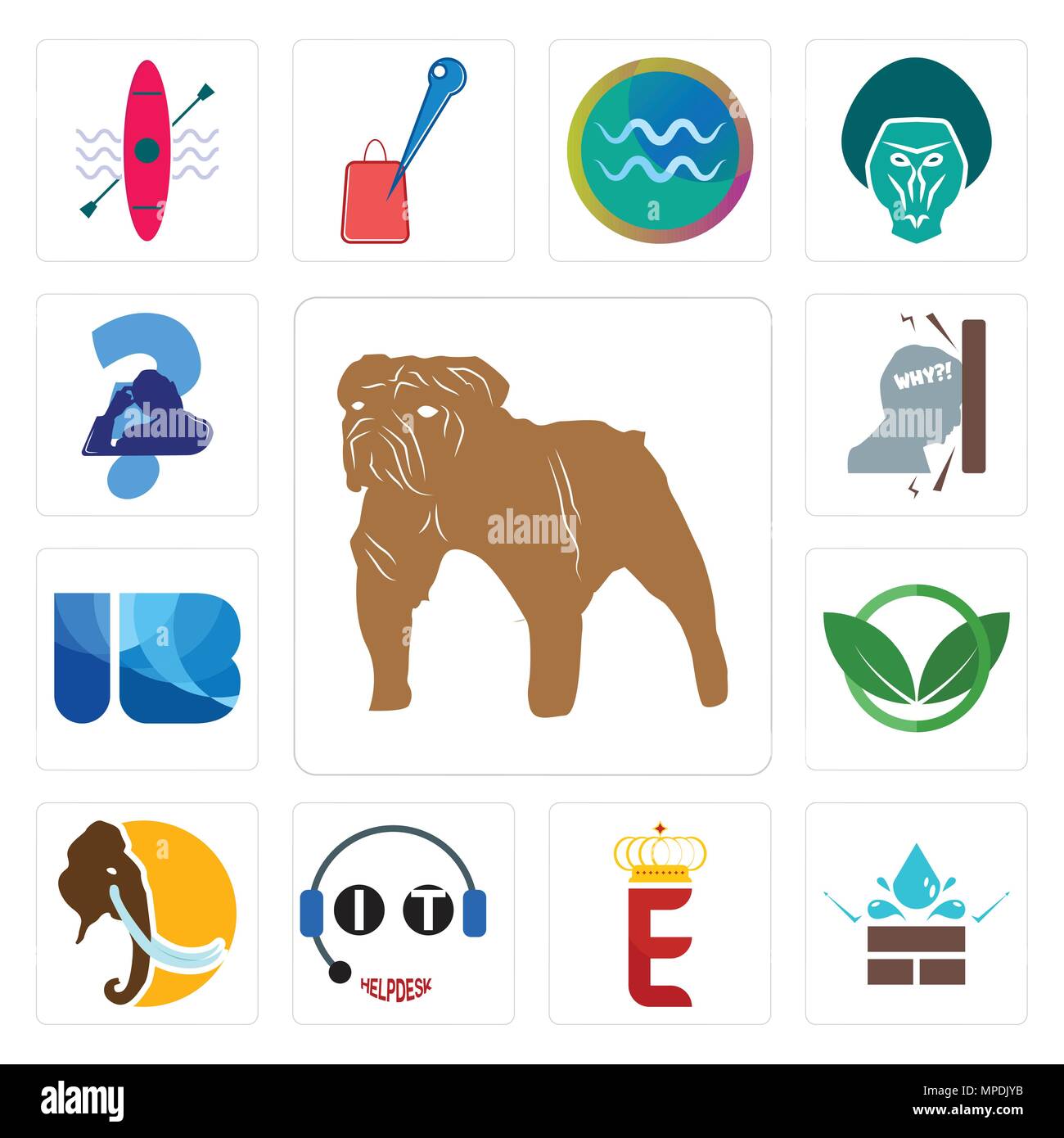 Satz von 13 Einfache editierbare Ikonen wie Bulldog, wasserabweisend, e Krone, IT-Helpdesk, Mammut, Eco Club, Ib schreiben, Frustration, kratzen Kopf kann Stock Vektor
