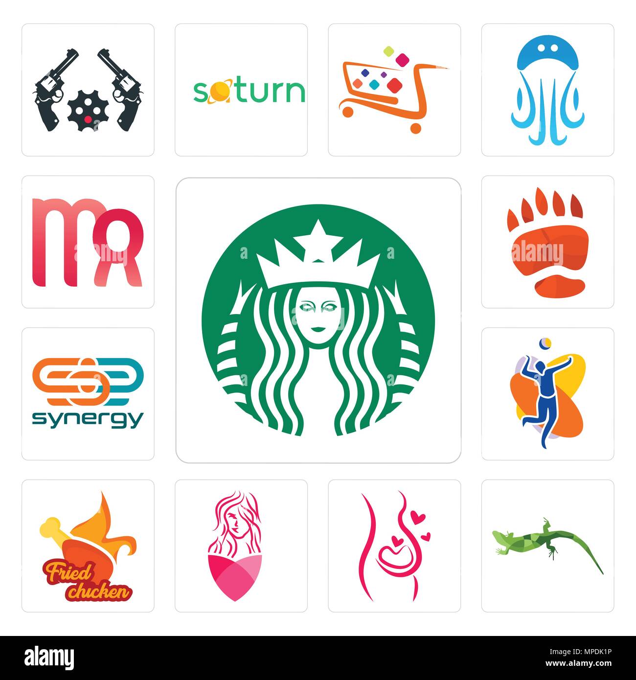 Satz von 13 Einfache editierbare Ikonen wie Starbucks, Eidechse, Schwangerschaft, Salon, gebratenes Huhn, Volleyballmannschaft, Synergy, Bear Paw, Jungfrau kann verwendet werden für Stock Vektor