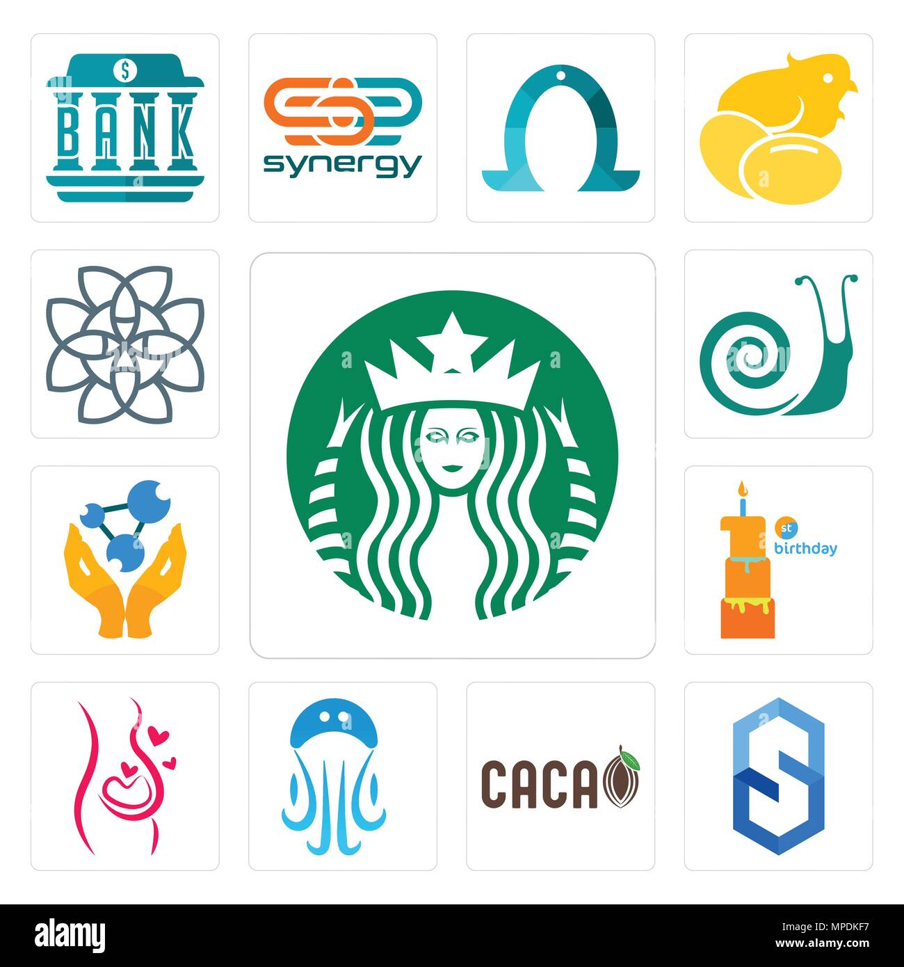 Satz von 13 Einfache editierbare Ikonen wie Starbucks, s Sechskant,, Quallen, Schwangerschaft, der erste Geburtstag, Chemiker, Schnecken, keltischer Knoten kann für mob verwendet werden. Stock Vektor