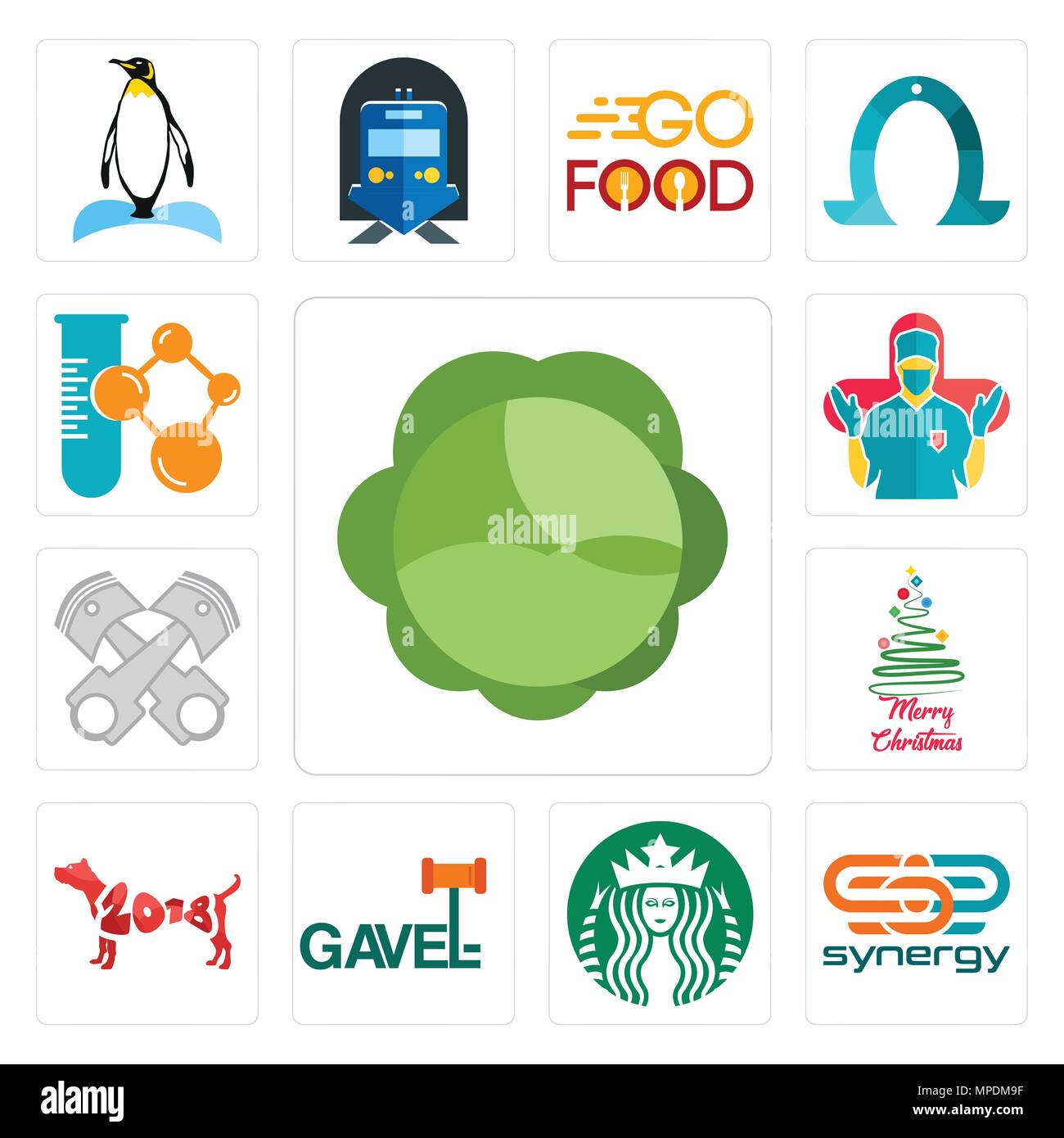 Satz von 13 Einfache editierbare Symbole wie Kohl, Synergy, Starbucks, Hammer, Jahr des Hundes, frohe Weihnachten, Kolben, Chirurg, Chemical Company ca Stock Vektor