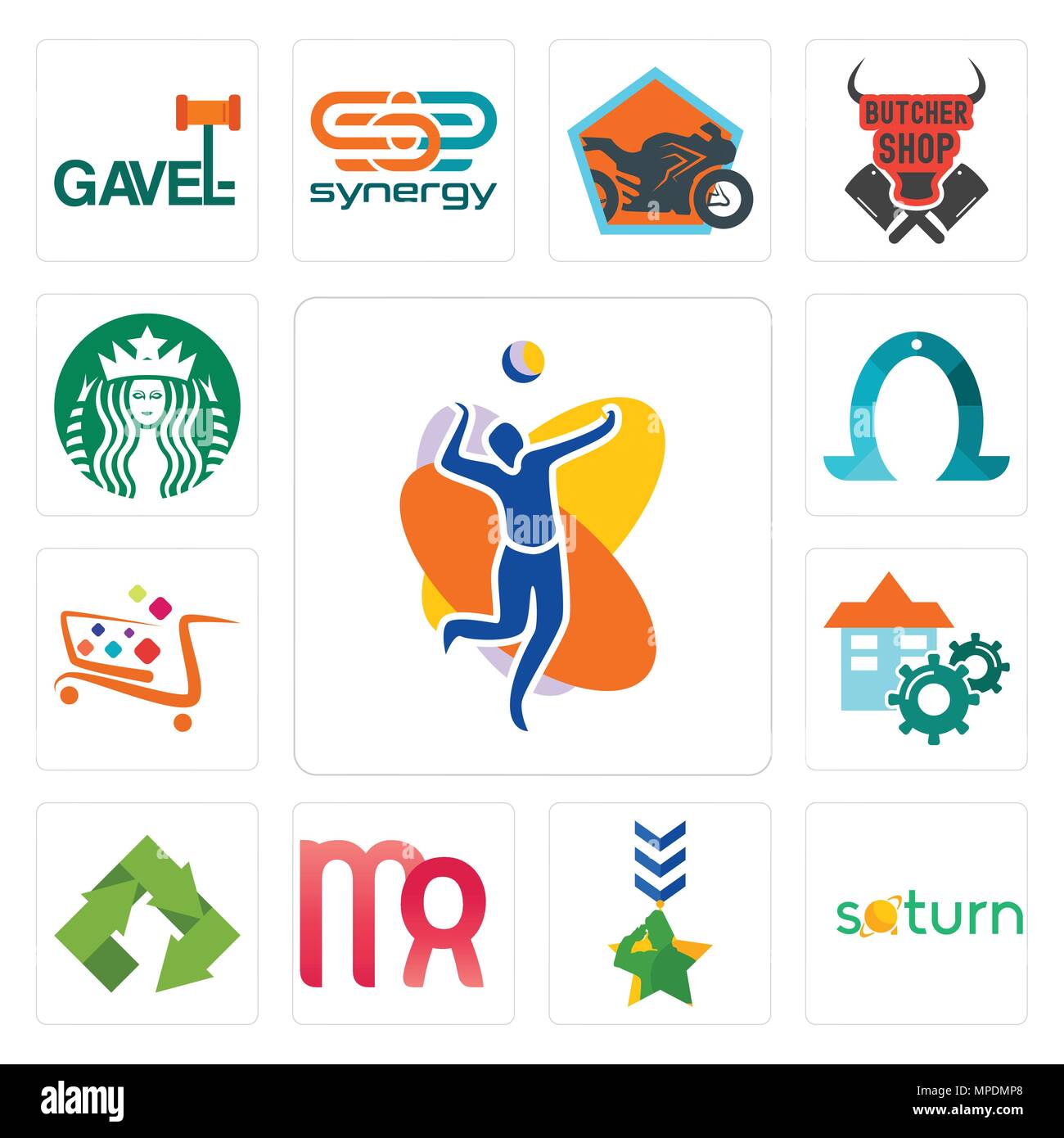 Satz von 13 Einfache editierbare Ikonen wie Volleyballmannschaft, Saturn, Militär, Jungfrau, Recycling, Service, super Markt, Hufeisen, Starbucks kann verwendet Fo. Stock Vektor