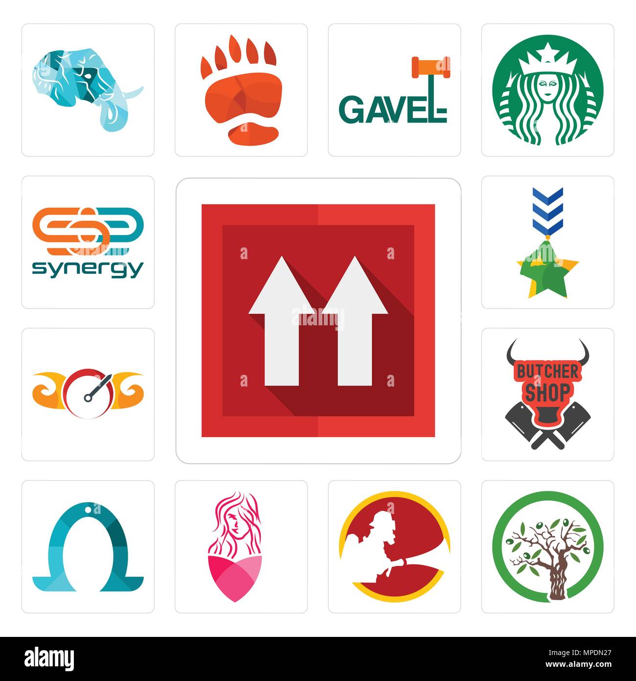 Satz von 13 Einfache editierbare Ikonen wie diese Seite oben, Olivenbaum,, Salon, Hufeisen, Metzgerei, Tachometer, Militär, Synergy können für mob verwendet werden. Stock Vektor