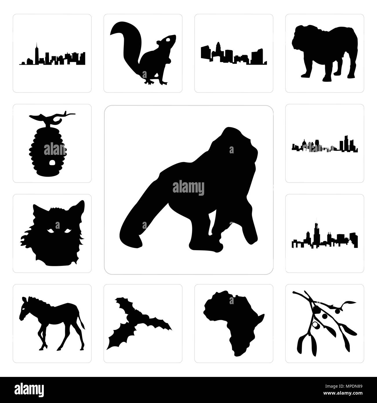 Satz von 13 Einfache editierbare Ikonen wie Gorilla, Mistel Umrisse auf weißem Hintergrund, afrikanischen Kontinent Hintergrund kann für mobile verwendet werden, die Web-UI Stock Vektor