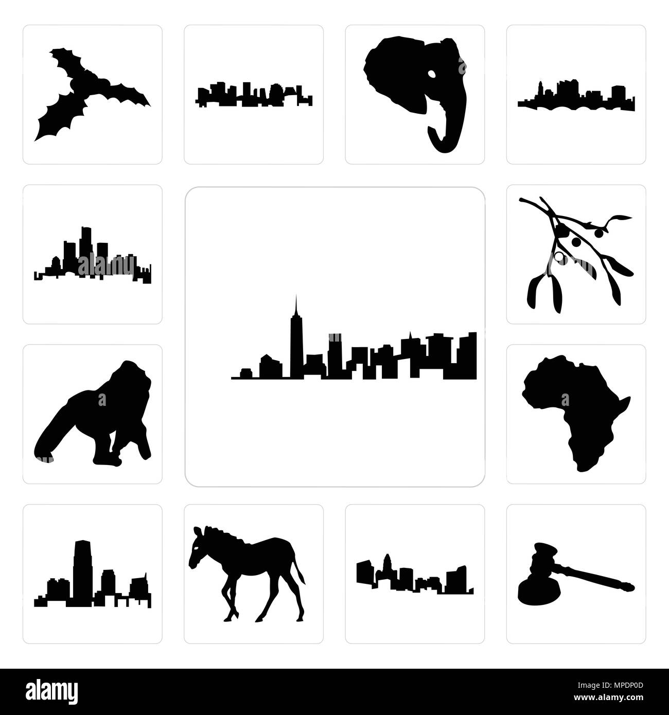 Satz von 13 Einfache editierbare Ikonen wie Umrisse von Manhattan auf weißem Hintergrund, Hammer North Carolina State Hintergrund für mobile verwendet werden können, Web-UI Stock Vektor