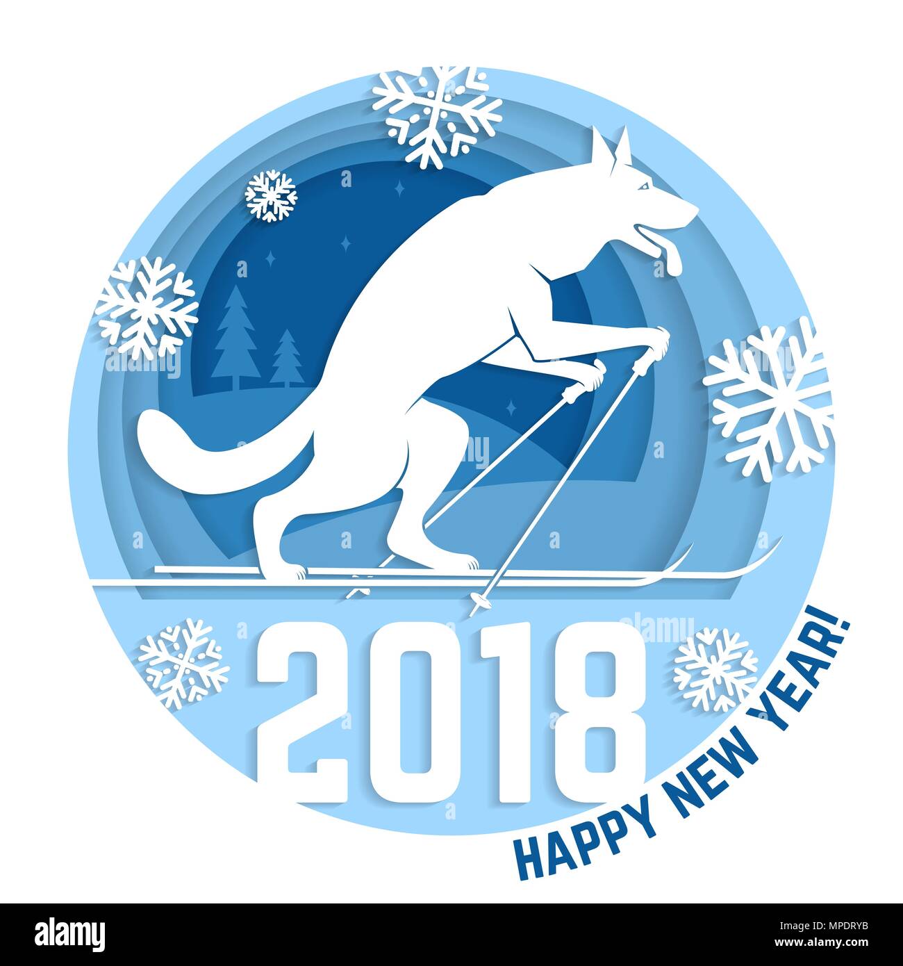 2018 Frohes Neues Jahr Grußkarte. Für Banner, Poster, Plakat, Broschüre oder Flyer Vorlage. Paper Art carving Stil mit 2018 Text und Skifahren Hund. Vecto Stock Vektor