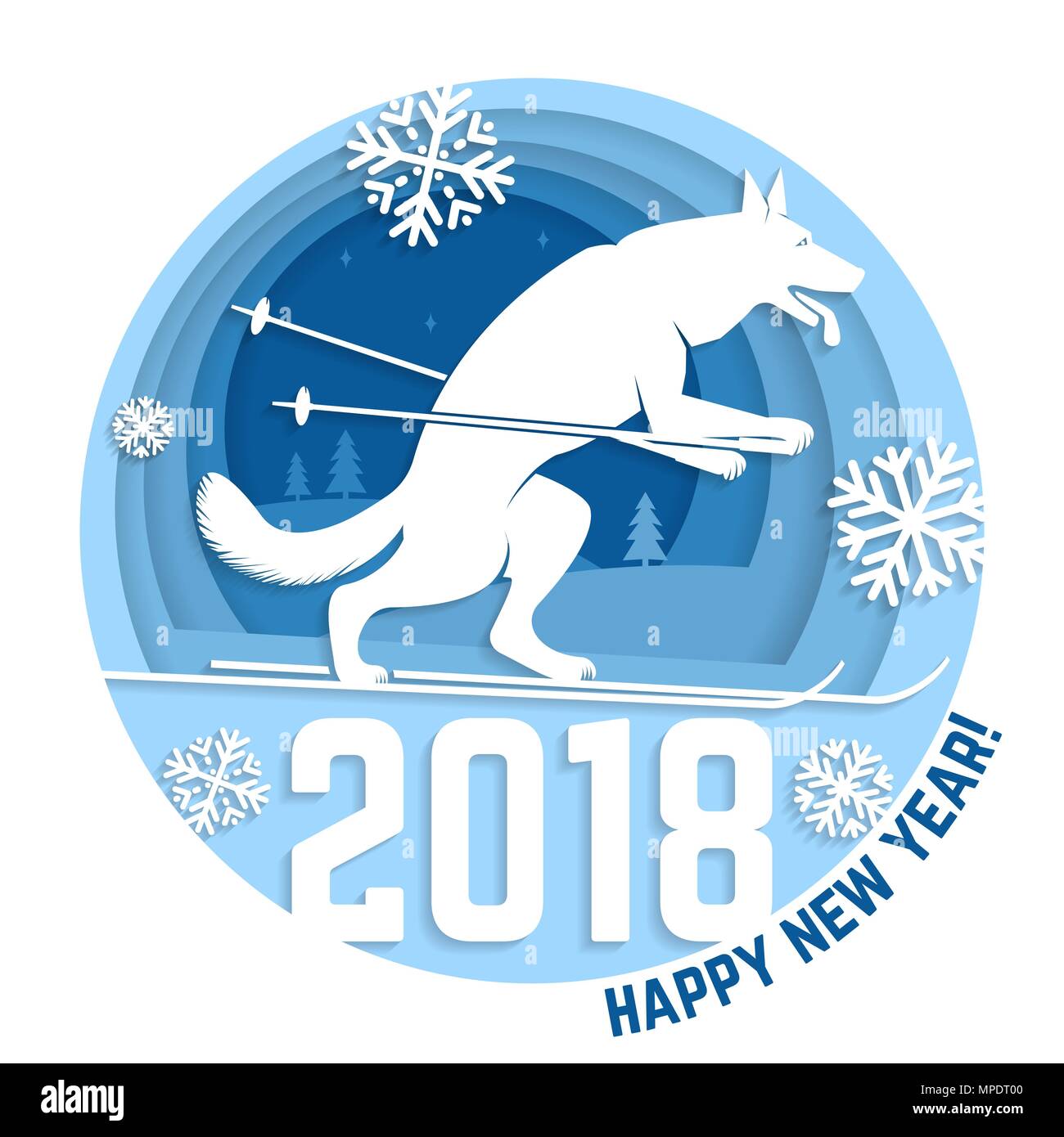 2018 Frohes Neues Jahr Grußkarte. Für Banner, Poster, Plakat, Broschüre oder Flyer Vorlage. Paper Art carving Stil mit 2018 Text und Skifahren Hund. Vecto Stock Vektor
