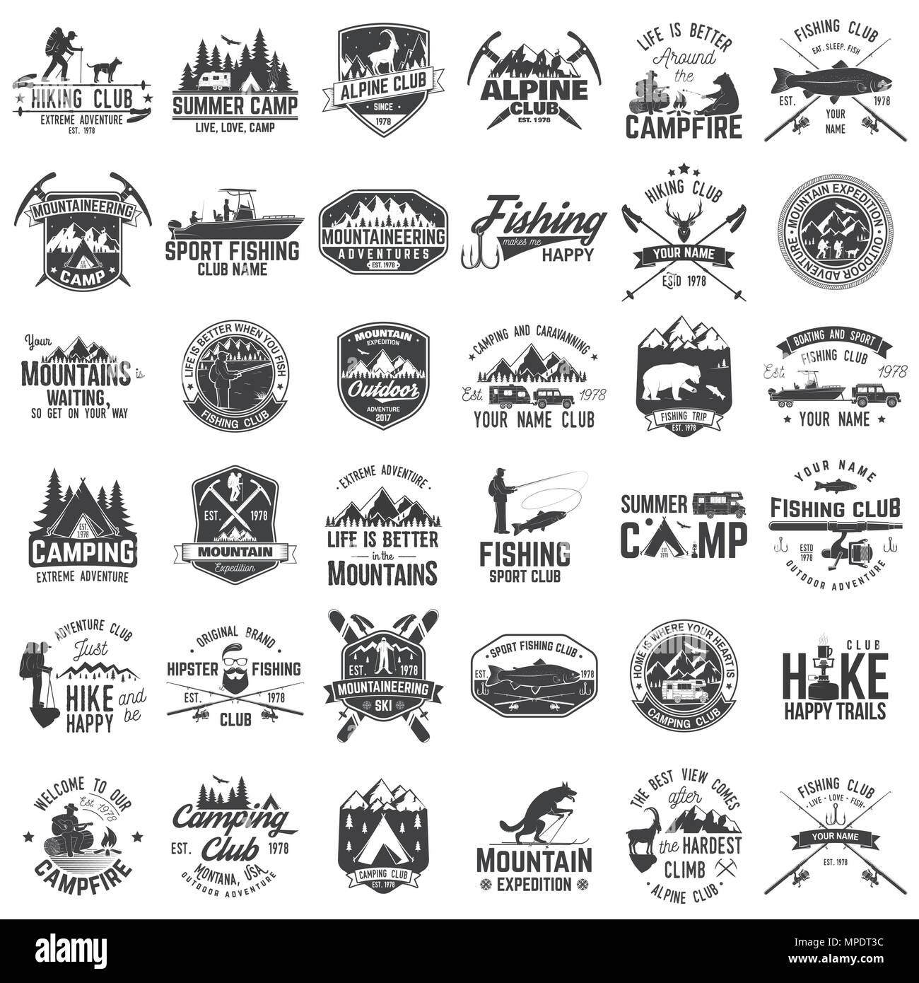 Sommer Camp, Angeln, Ski- und Wanderverein. Vector Illustration. Satz von Vintage Abzeichen, Labels, Logos, Silhouetten. Vintage Typografie Sammlung wit Stock Vektor