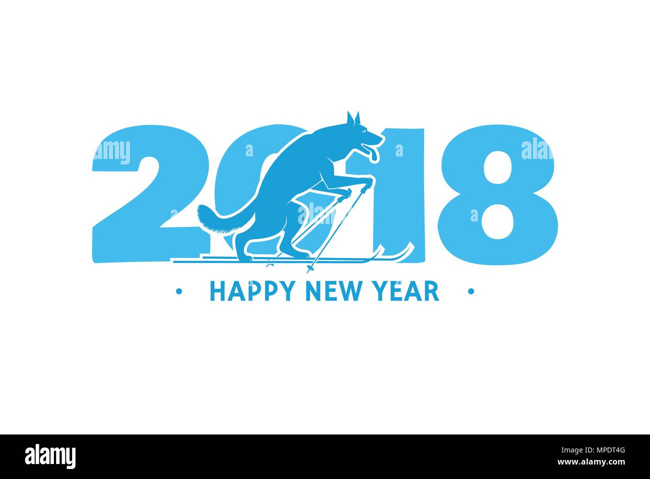 2018 Frohes Neues Jahr Grußkarte. Für Banner, Poster, Plakat, Broschüre oder Flyer Vorlage. Design mit 2018 Text und Skifahren Hund. Vector Illustration. Stock Vektor