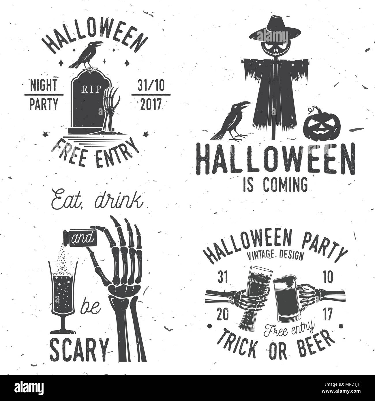 Essen, Trinken und beängstigend sein. Satz von Halloween retro Abzeichen. Overlay oder Etiketten für Hemd oder Logo, Print, Siegel, Stempel. Skelett hand mit Zaubertrank und Glas Stock Vektor
