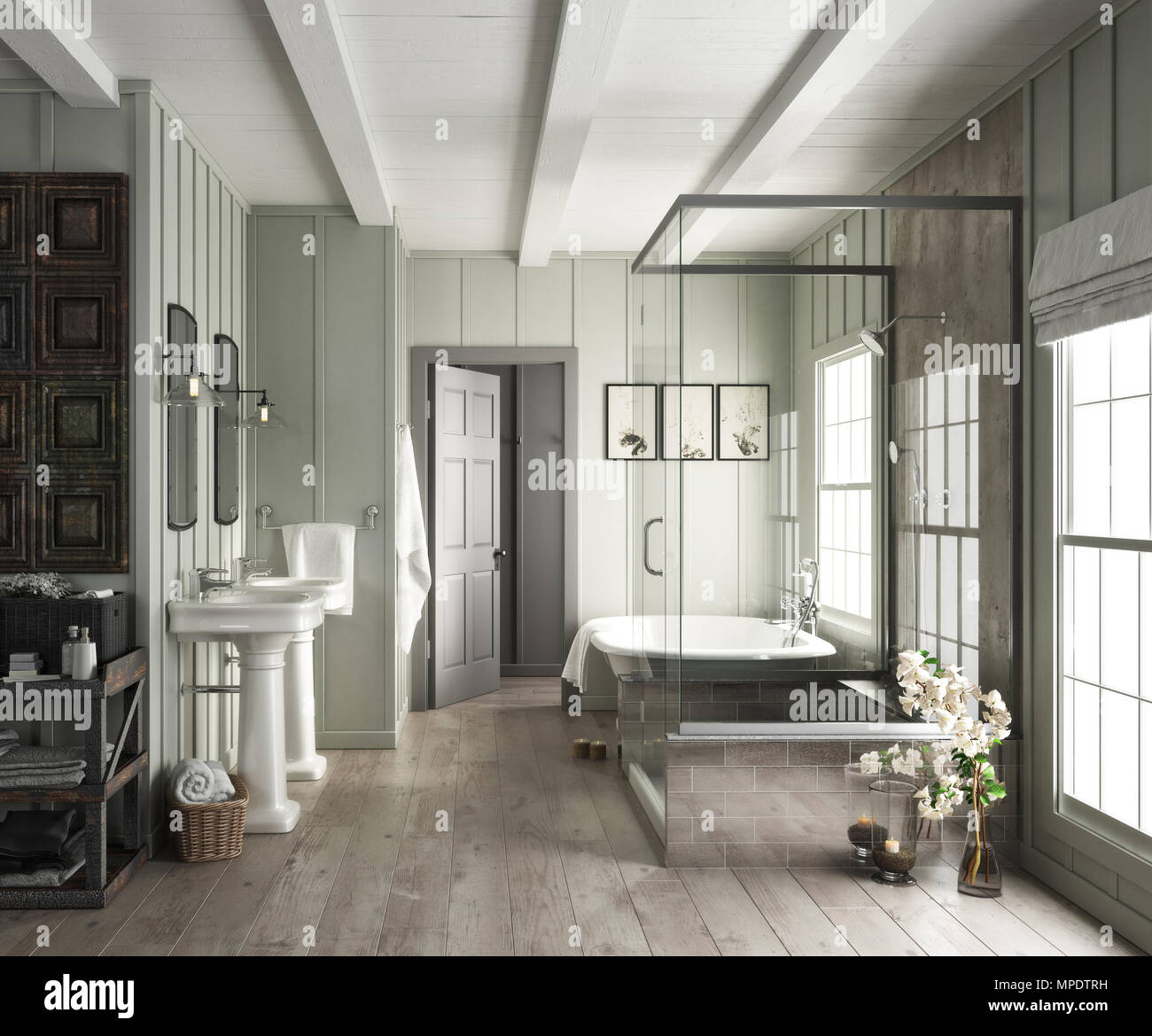 Elegantes Badezimmer Einrichtung mit rustikalen Akzenten. 3D-Rendering, rustikale offene Konzept Badezimmer Stockfoto
