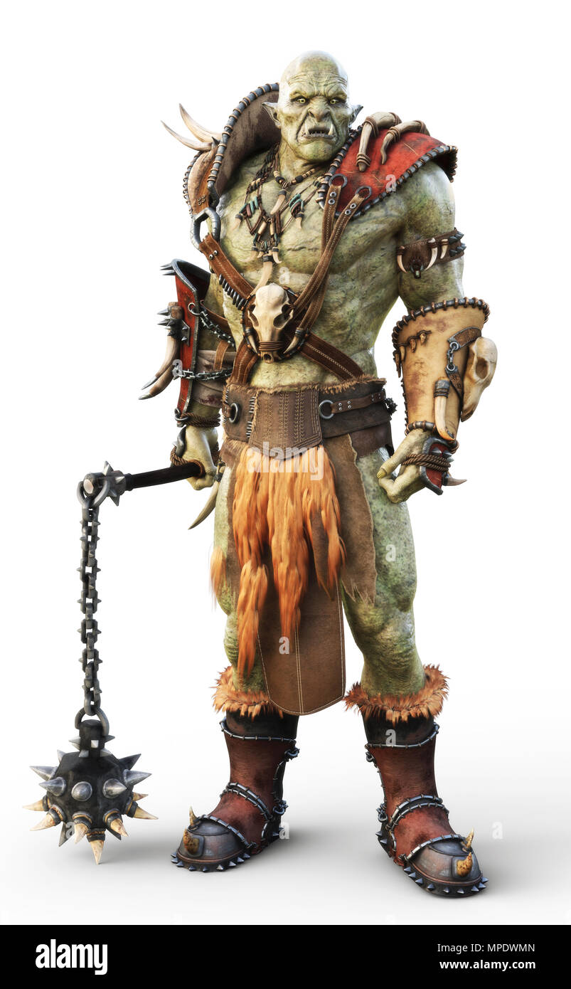 Savage Orc Brute Krieger das Tragen der traditionellen Rüstungen. Fantasy themed Charakter auf einem weißen Hintergrund. 3D-Rendering Stockfoto