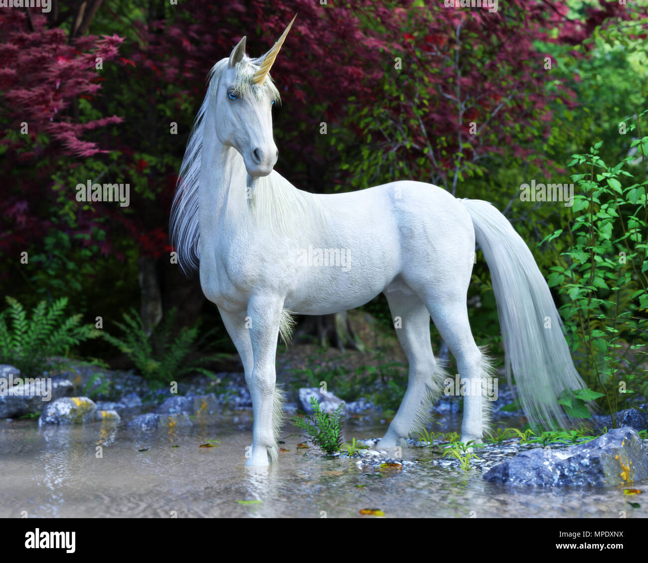 Mythische weißes Einhorn in einem verzauberten Wald posieren. 3D ...