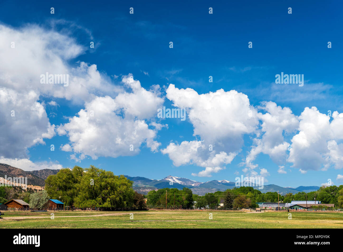 Geschwollene weiße Wolken gegen eine klare azurblauen Himmel; Vandaveer Ranch; Salida, Colorado, USA Stockfoto