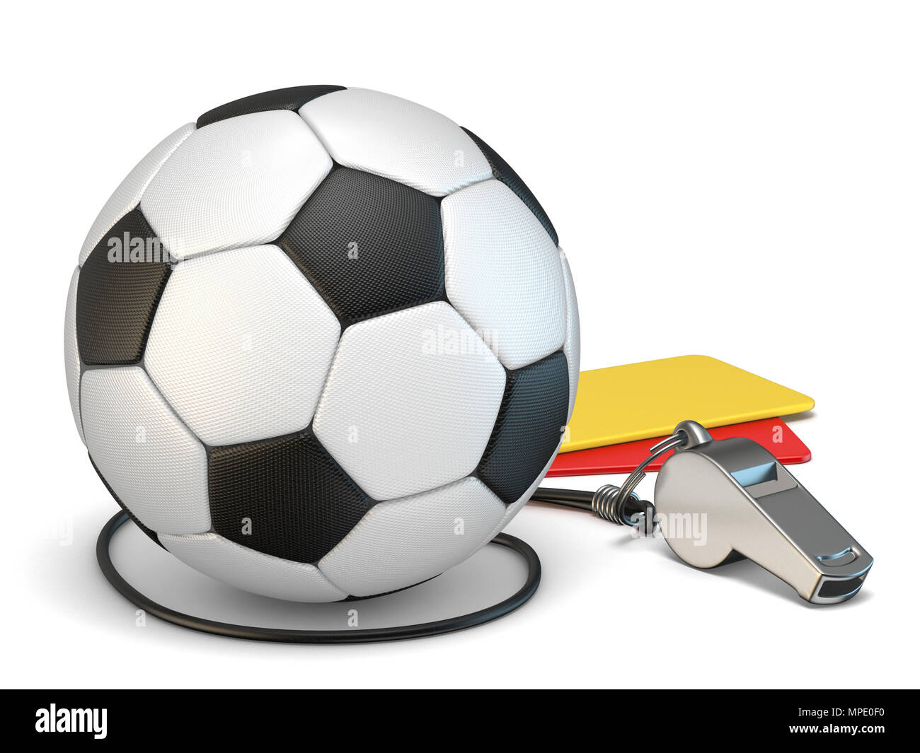 Fußball-Konzept gelbe und rote Karten, Pfeifen und Fußball 3D Rendering Illustration auf weißem Hintergrund Stockfoto