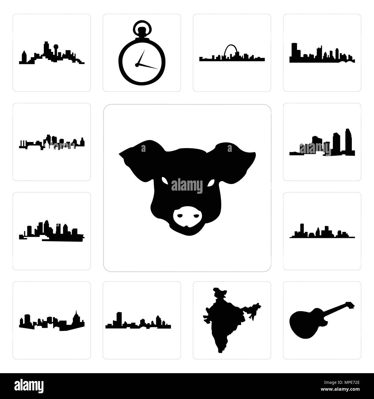 Satz von 13 Einfache editierbare Ikonen wie Schwein Gesicht, Bild Les Paul, Indien Karte, Wisconsin, Pittsburgh Skyline, Houston Florida, Long Island, Kansas City Stock Vektor