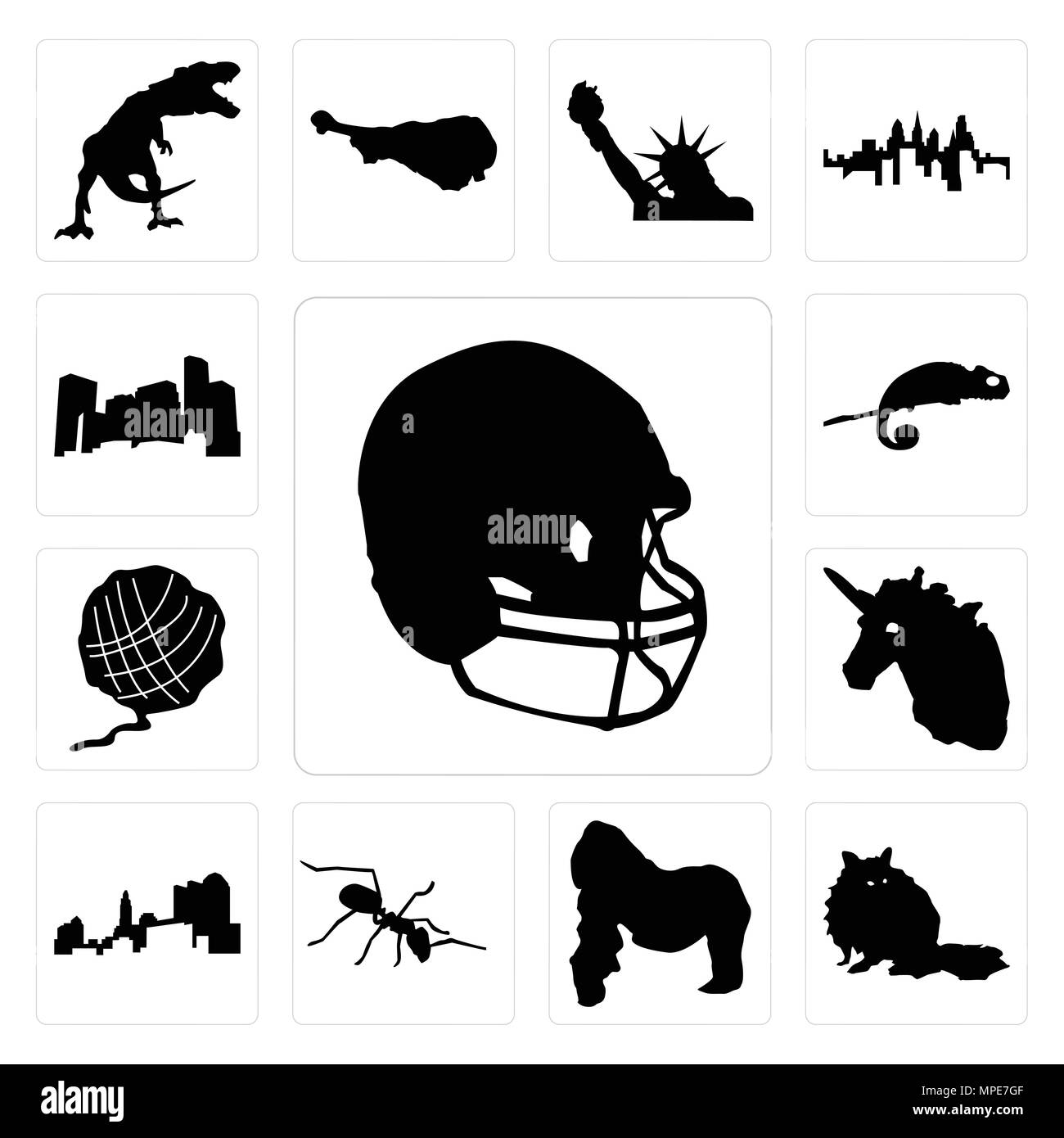 Satz von 13 Einfache editierbare Symbole wie Fußball, Helm, Waschbär, Gorilla, Ant, Ohio, Einhorn Kopf, Garn Kugel, Chamäleon, Minnesota können für Mo verwendet werden. Stock Vektor