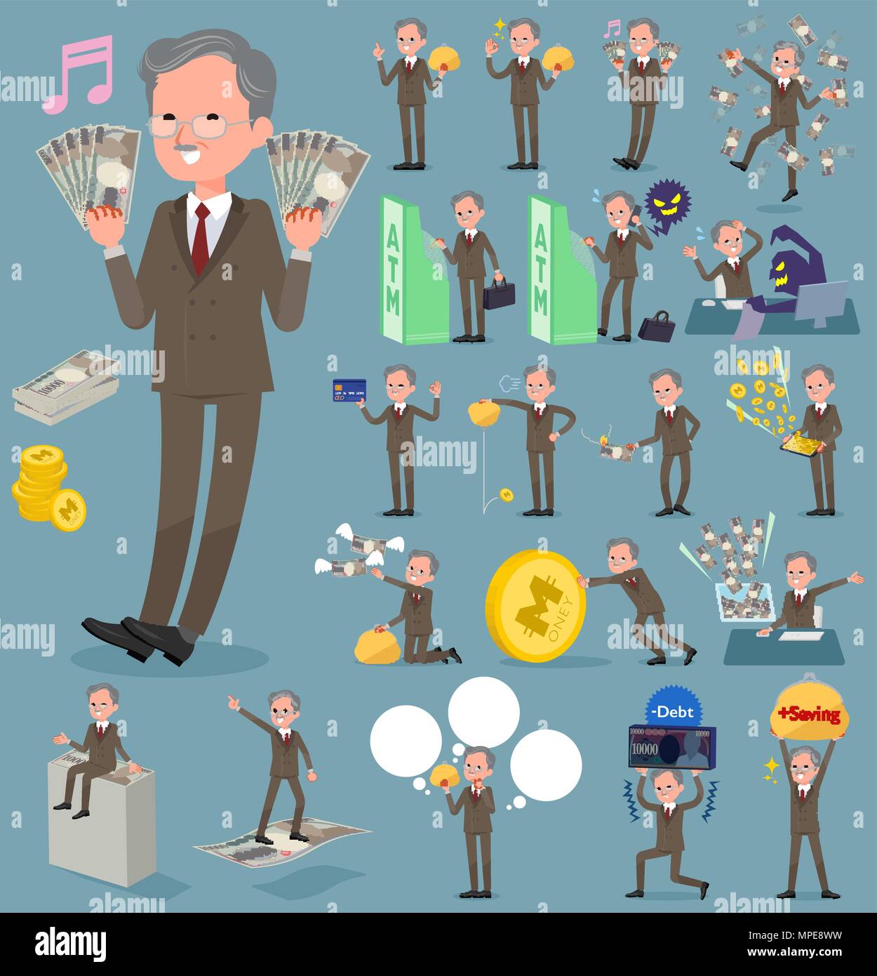 Satz von verschiedenen Posen von flachen vom Typ Double suit Bart alte Männer Geld Stock Vektor