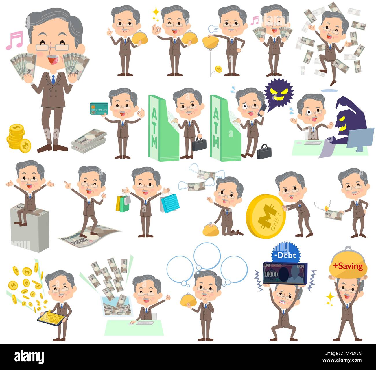 Satz von verschiedenen Posen der doppelten Anzug Bart alter Mann Geld Stock Vektor