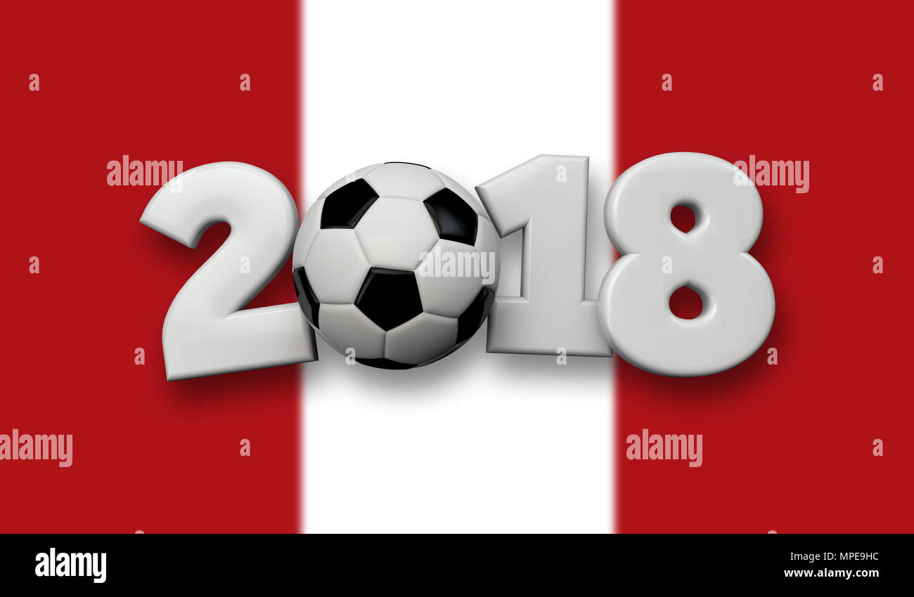 Fußball 2018 Konzept. Weißer Text mit Fußball auf einer Peru Flagge Hintergrund. 3D-Rendering Stockfoto