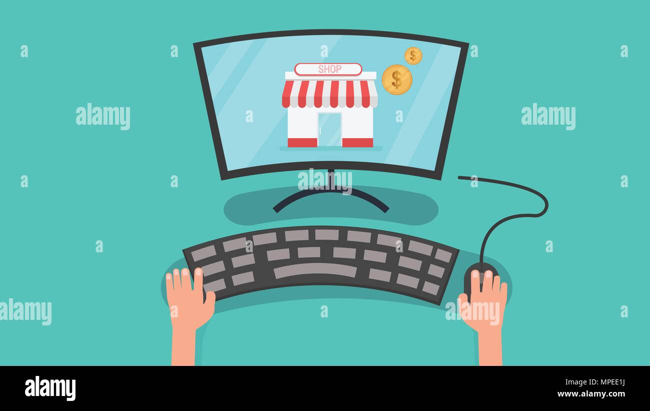 Hände über Computer mit Store und Münzen Vector Illustration. Personal Computer und Online Shopping Konzept. Profit mit on-line-Geschäft. Stock Vektor