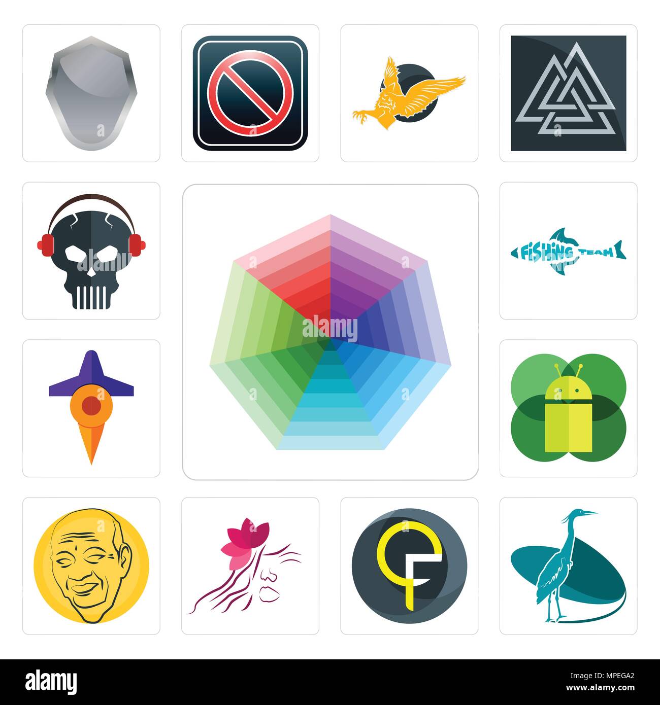 Satz von 13 Einfache editierbare Ikonen wie Heptagon, Reiher, qf, Salon, Patel, mobile os ein, Reisen, Angeln, Schädel mit Kopfhörer für m verwendet werden kann. Stock Vektor