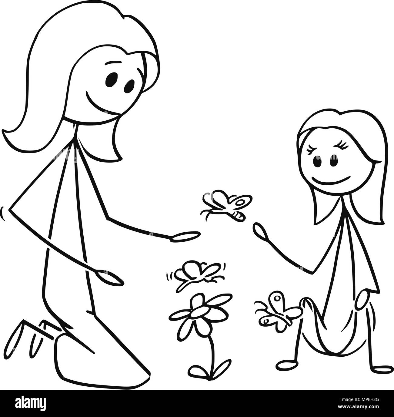 Cartoon von Mutter und Tochter beobachten Blumen und Schmetterlingen Stock Vektor