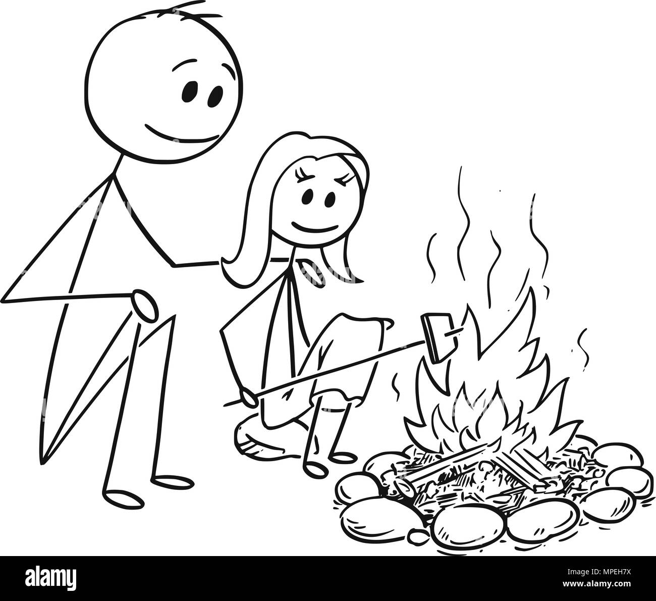 Cartoon von Vater und Tochter sitzen um Feuer oder Lagerfeuer Stock Vektor