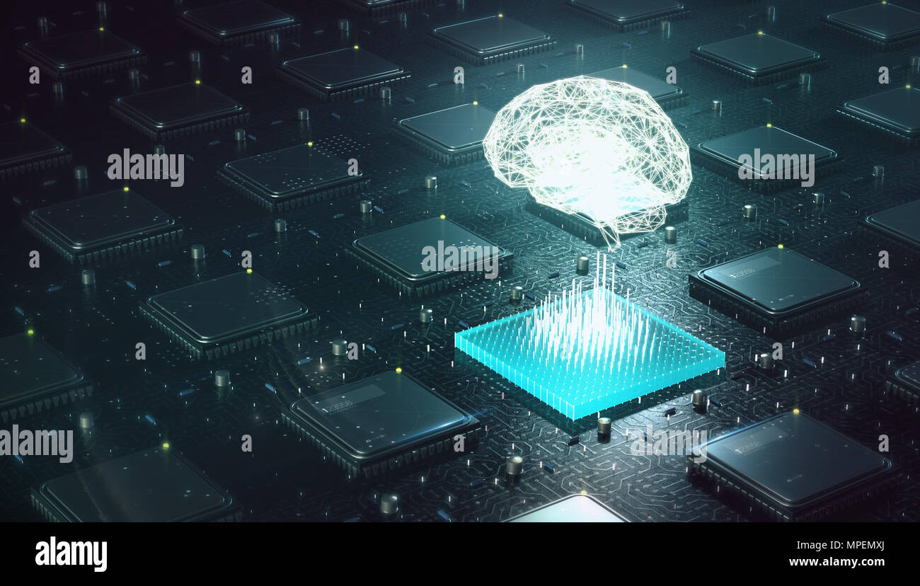 Maschinelles Lernen, Künstliche Intelligenz, ai, vertieftes Lernen blockchain neuronales Netzwerk Konzept. Gehirn gemacht mit glänzenden Drahtmodell über mehrere Blocks Stockfoto