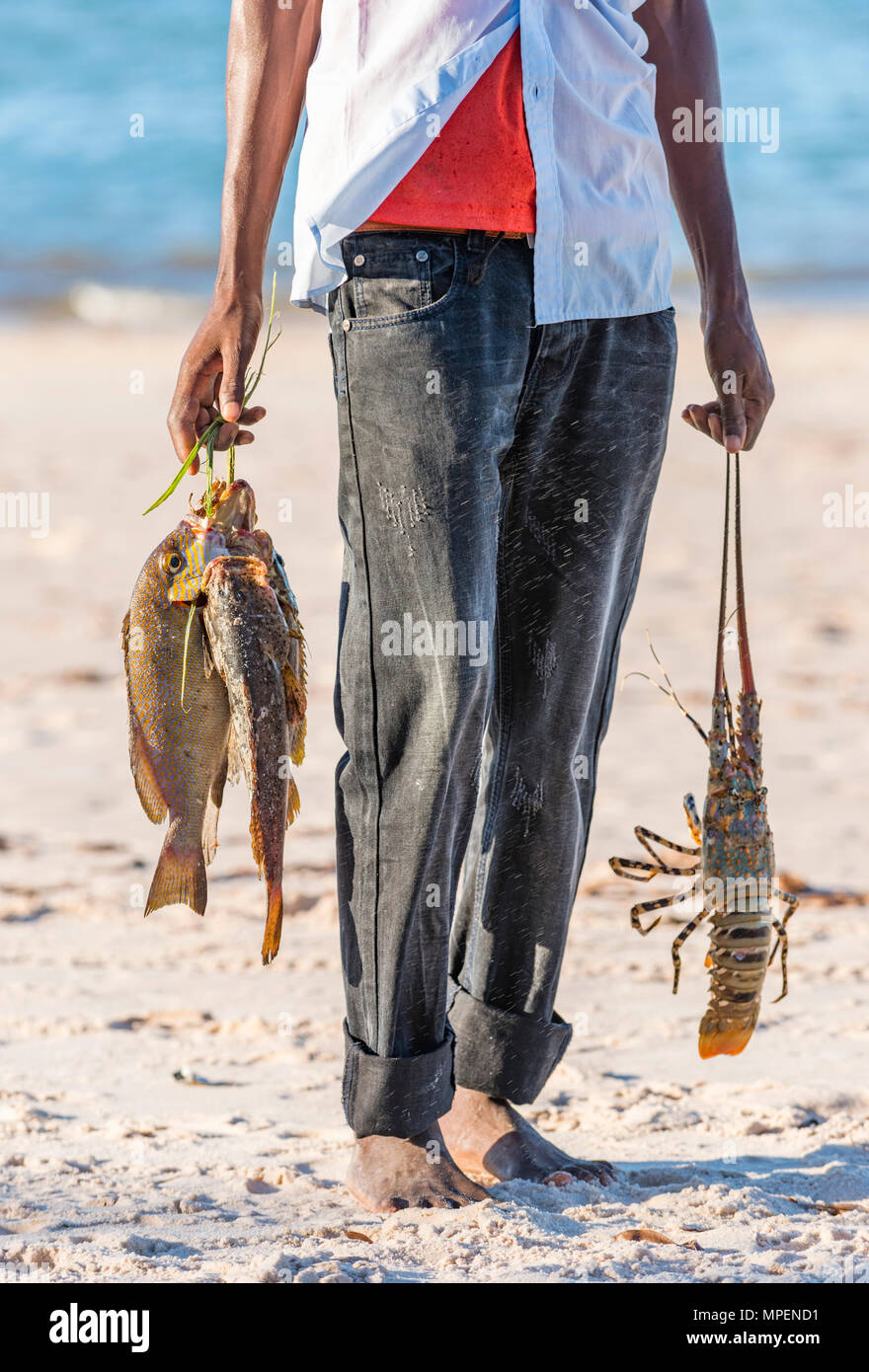 A. lokalen Fischer hält einige Thirteen Fisch in Mosambik gefangen. Stockfoto