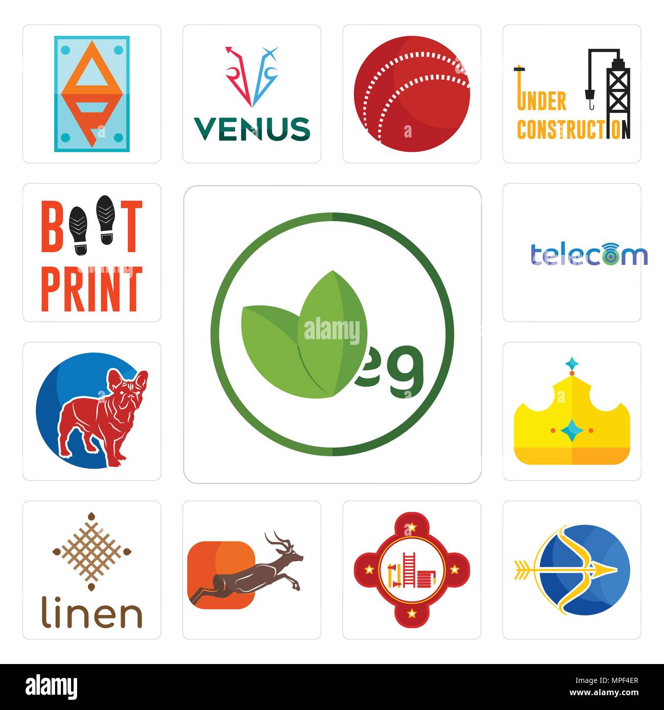 Satz von 13 Einfache editierbare Ikonen wie Gemüse, Schütze, Feuerwache, Antilope, Bettwäsche, royal, Französische Bulldogge, Telecom, Boot drucken kann für Mo verwendet werden. Stock Vektor