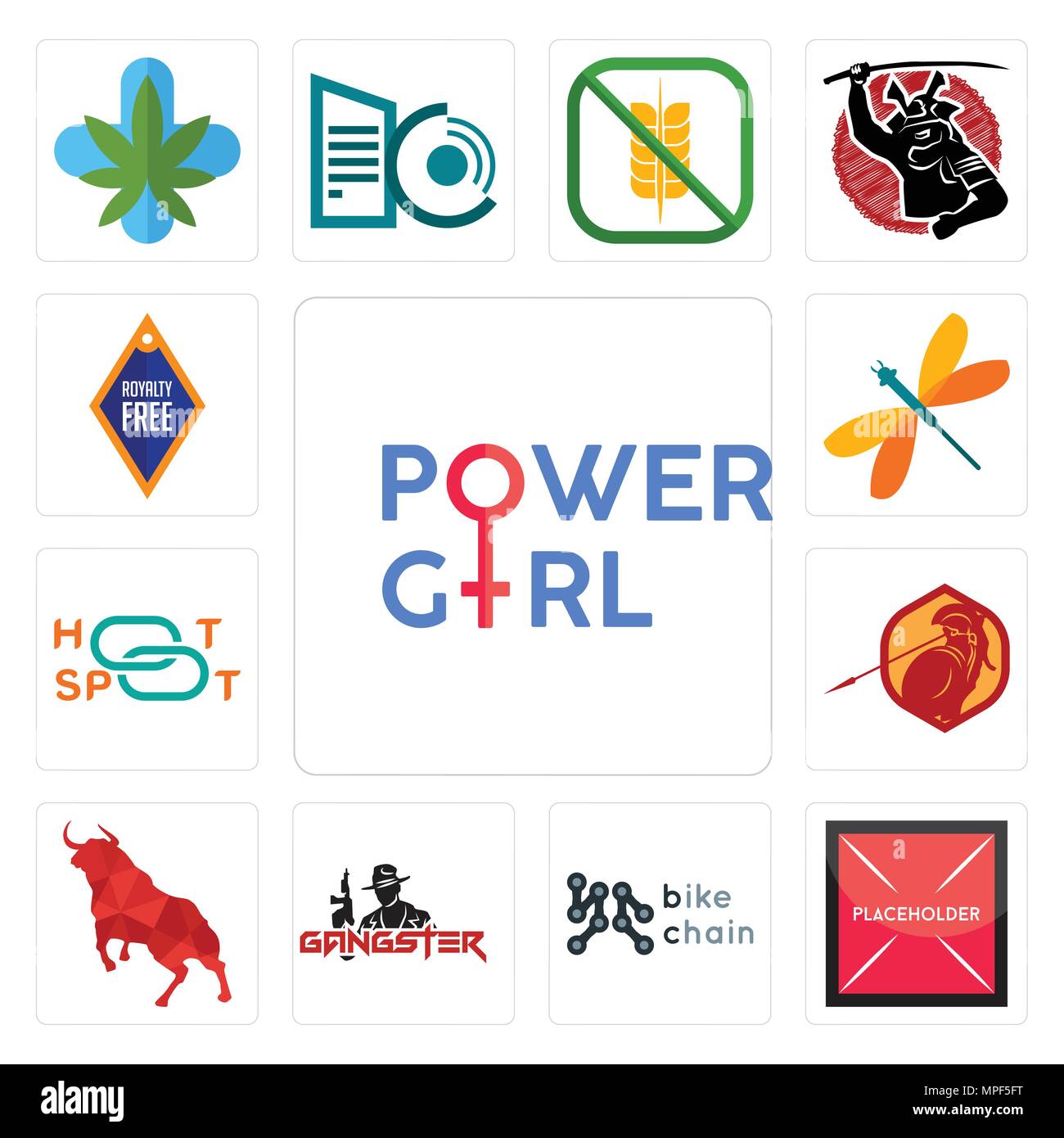 Satz von 13 Einfache editierbare Ikonen wie Girl Power, Platzhalter, Fahrrad Kette, Gangster, Bull, Sparta, Hotspot, Libelle, für mobile verwendet werden können, Web U Stock Vektor