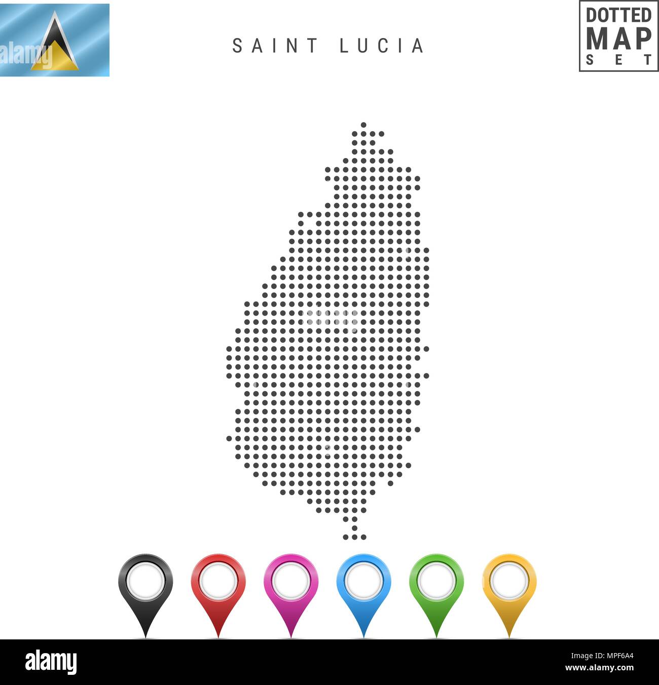 Vektor gepunktete Karte von Saint Lucia. Einfache Silhouette von Saint Lucia. Flagge von Saint Lucia. Eingestellt von bunten Karte Markierungen Stock Vektor