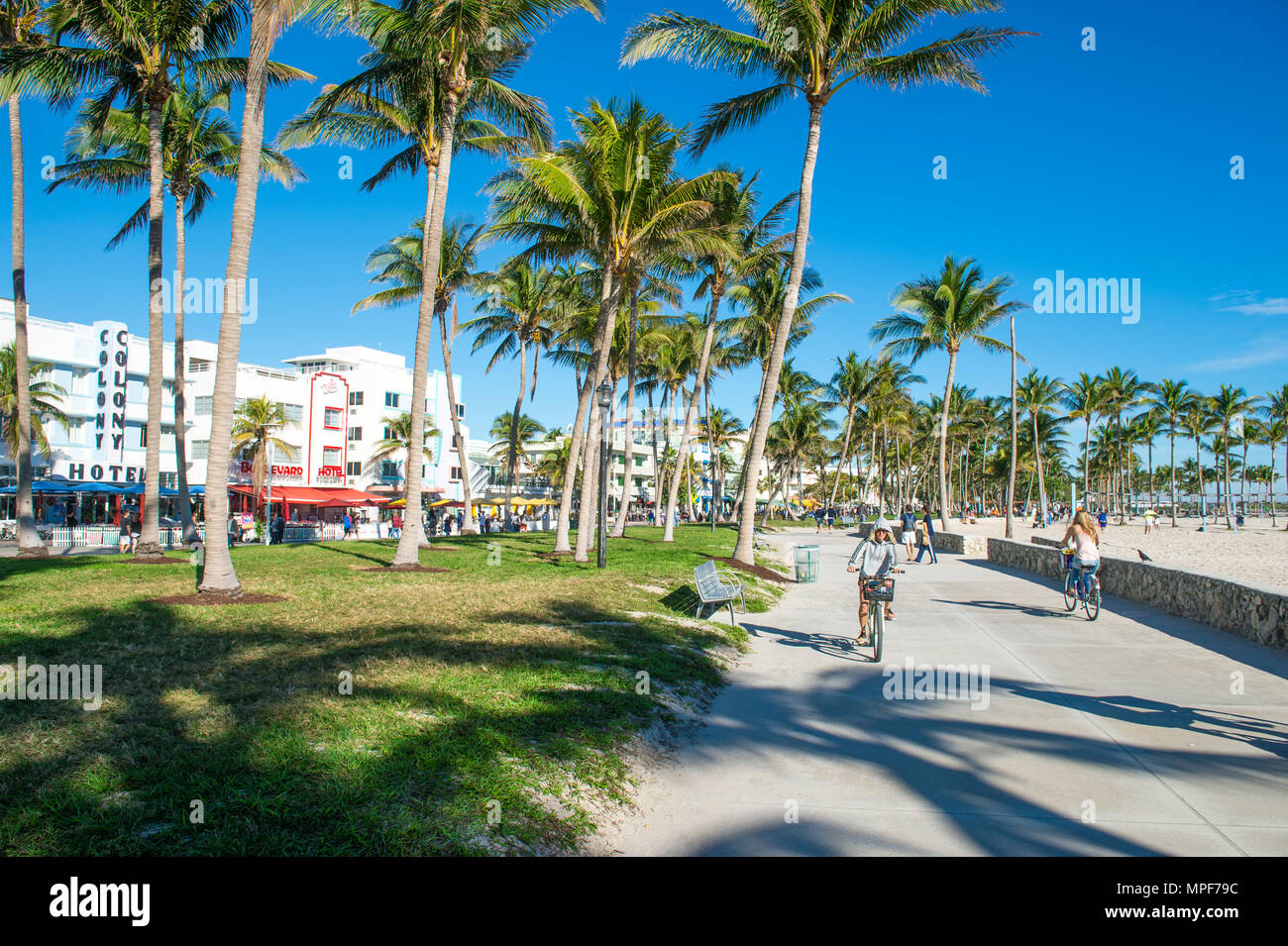 MIAMI - Dezember 27, 2017: Radfahrer und Jogger Anteil am Morgen am Strand Promenade Promenade am Lummus Park in South Beach. Stockfoto