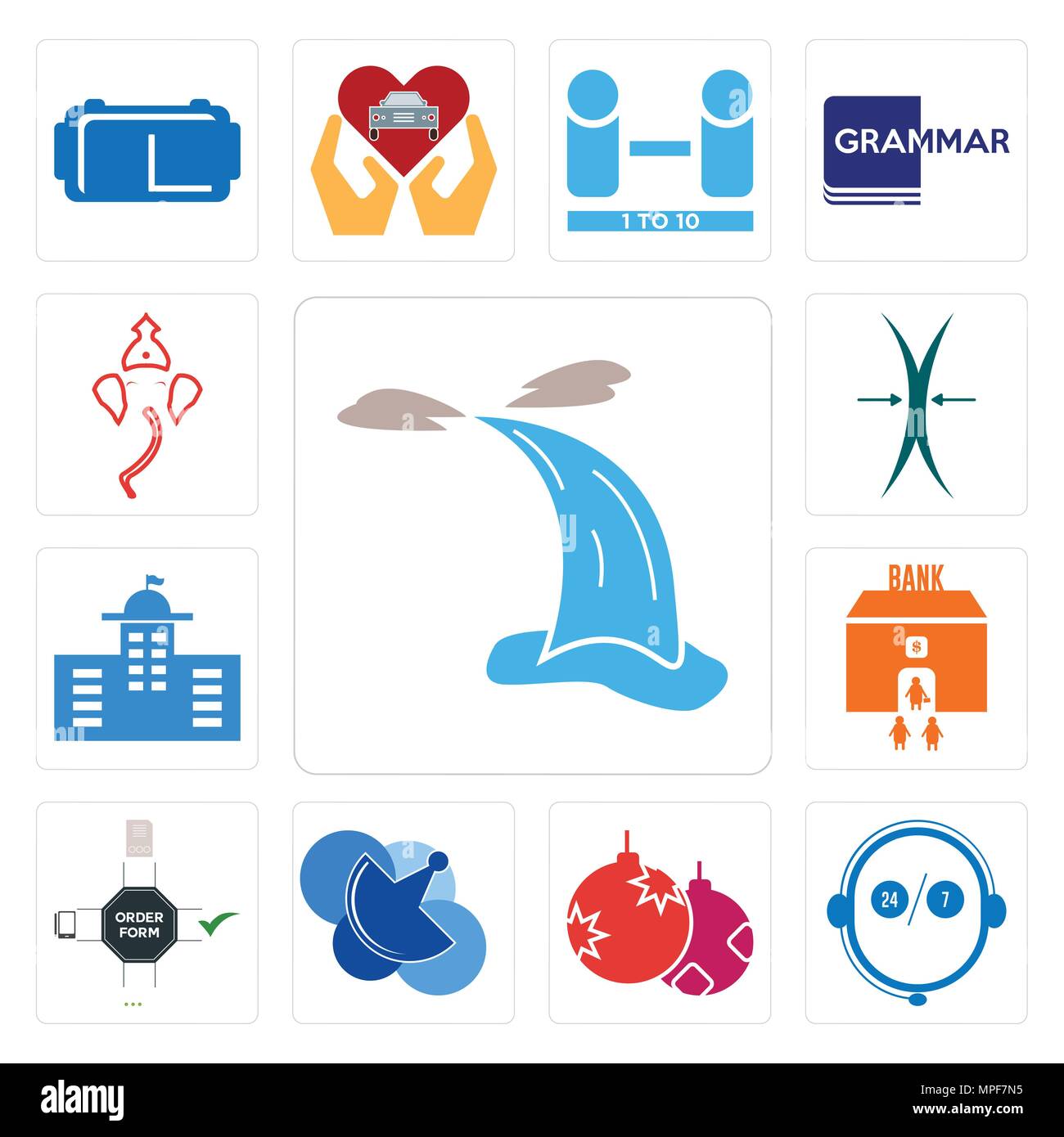 Satz von 13 Einfache editierbare Ikonen wie Wasserfall, Live Support, Weihnachtsgeschenk, Telecom, Bestellformular, Bankfilialen, kommunale, elastisch, Ganesh kann u Stock Vektor