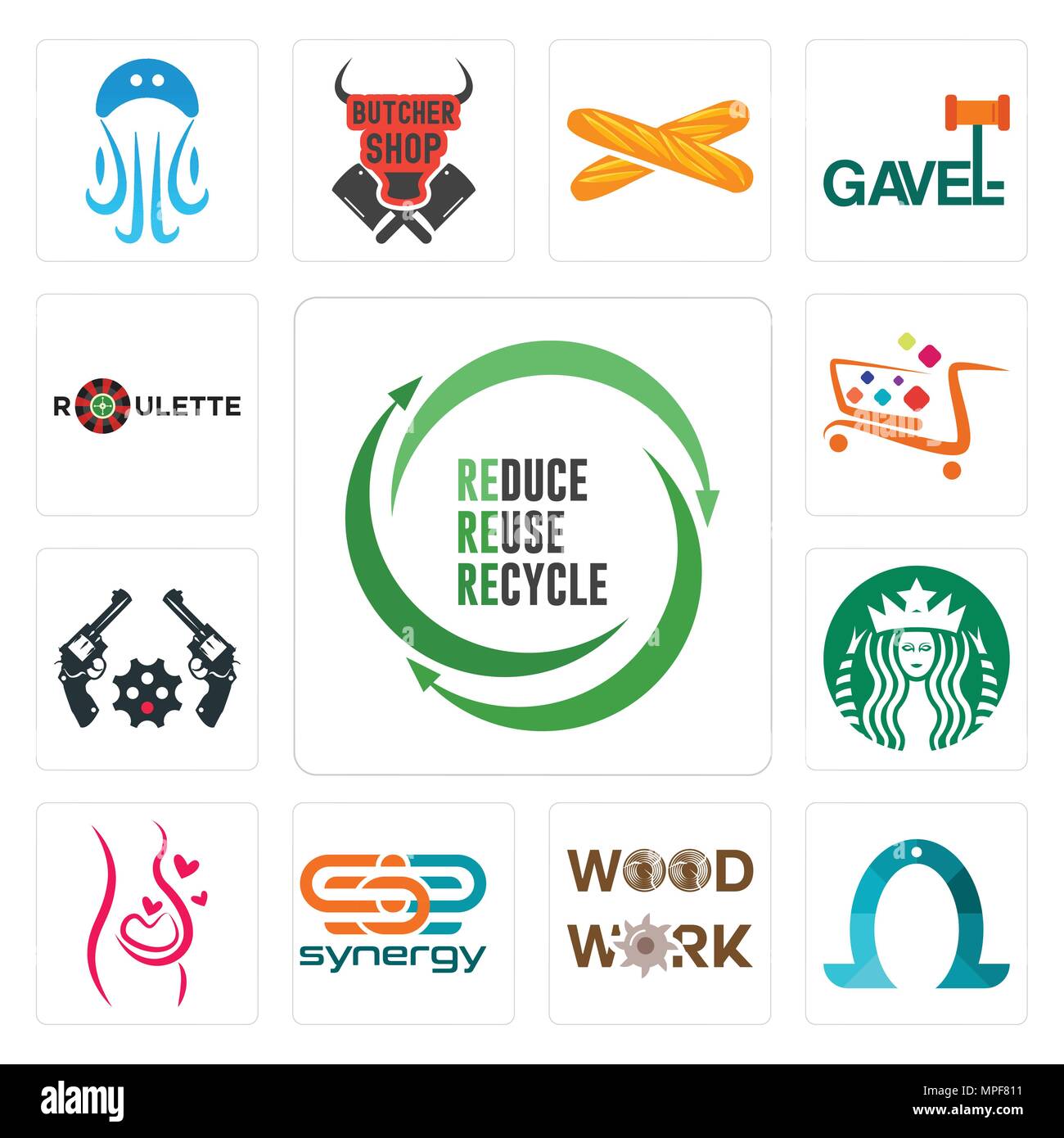 Satz von 13 Einfache editierbare Ikonen wie uce Wiederverwenden, Recyceln, Hufeisen, Holzarbeiten, Synergy, Schwangerschaft, Starbucks, Revolver, Supermarkt, Roulette werden kann Stock Vektor
