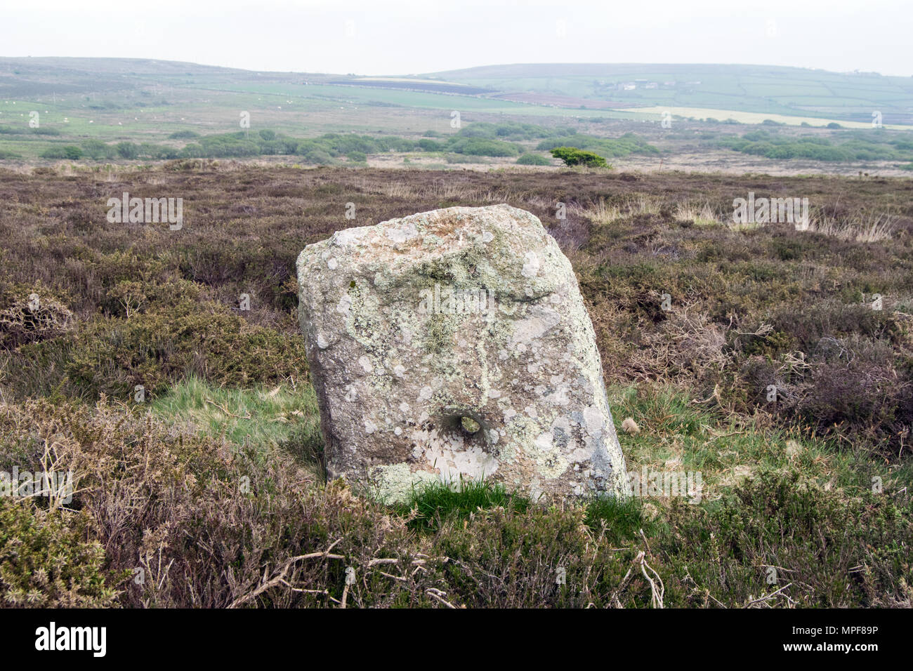 Durchlöcherte Stein in der Nähe von Tregeseal, Penwith Mauren, Cornwall, Großbritannien Stockfoto