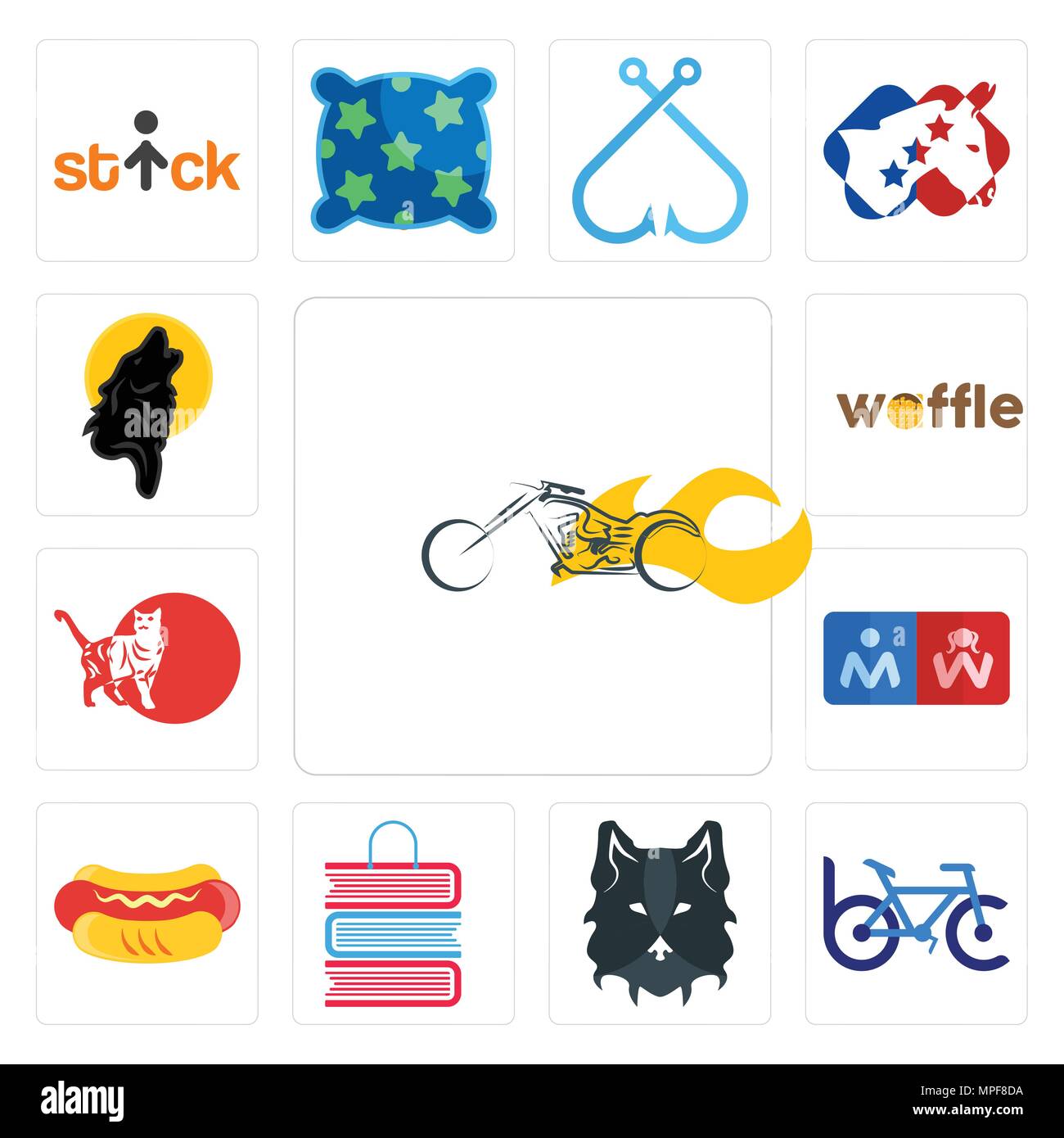 Satz von 13 Einfache editierbare Ikonen wie Chopper, Bike Club, Wolf Gesicht, Buch Shop, Hot Dog, Restroom, Cat, Waffel, schwarz für mobile verwendet werden, die Web-UI Stock Vektor