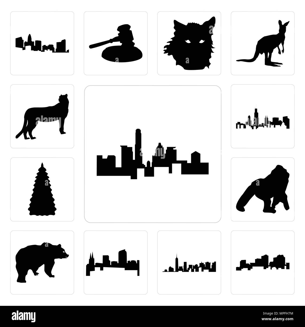 Satz von 13 Einfache editierbare Ikonen wie Texas Umrisse auf weißem Hintergrund, Louisiana Manhattan Hintergrund für mobile verwendet werden können, Web-UI Stock Vektor