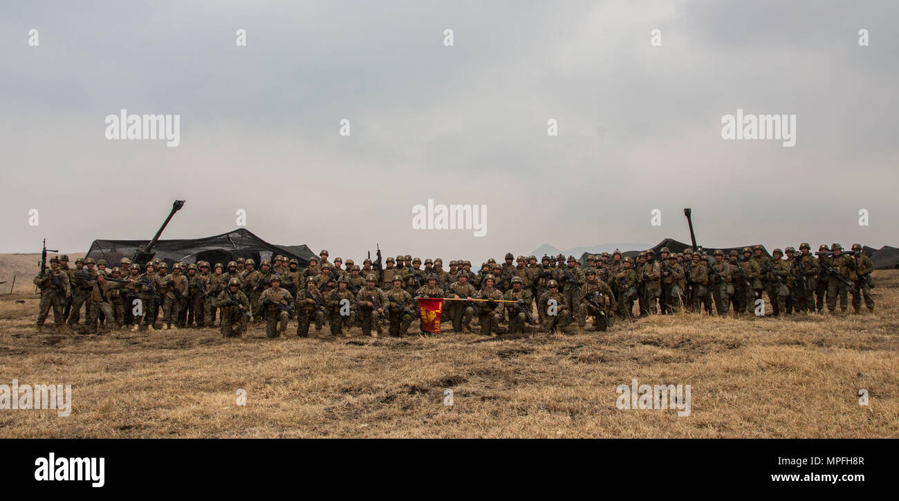 Us-Marines mit Alpha Batterie, 1.Bataillon, 12 Marines derzeit zu Alpha Akku, 3.Bataillon, 12 Marines, posieren für ein Gruppenfoto in der Hijudai Manöver, Japan, 6. März 2017. Marinesoldaten und Matrosen an der Artillerie relocation Training Programm rechtzeitige und genaue Brände zu stellen militärische beruflichen Spezialgebiet Fähigkeiten, Zug Marines/Matrosen in gemeinsamen Fähigkeiten zu erhalten, und professionelle militärische Ausbildung für das allgemeine Ziel der Verbesserung der Bekämpfung der Betriebsbereitschaft und internationale Beziehungen zu fördern. (U.S. Marine Corps Foto von MCIPAC bekämpfen Kamera Lanc Stockfoto