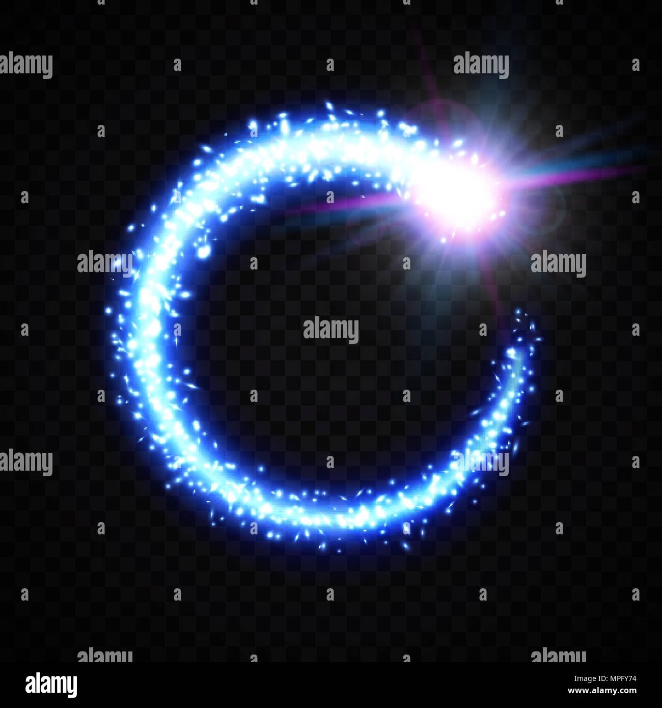 Ein helles Blau Comet mit Staub und Gas funkelnde Spur. Leuchtenden Kometenschweif Rahmen auf transparenten Hintergrund. Magic Swirl mit glitter Partikeln. Kosmische Licht blinkt. Galaktische Nebel Vector Illustration. Stock Vektor