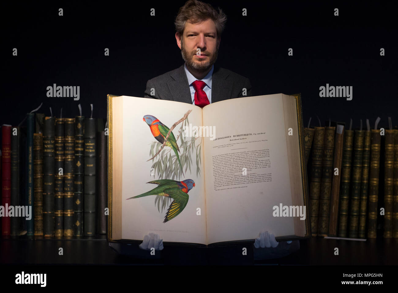 Bonhams, New Bond Street, London, UK. 23 Mai, 2018. Birds of a Feather, eine der schönsten Sammlungen von ornithologische Bücher in privaten Händen - Wassenaar Zoo: eine niederländische Private Bibliothek - ist auf Anzeige bei Bonhams, bevor es am 30. Mai. Die Kollektion enthält auch zoologische Werke auf Katzen, Affen, Fische, Chamäleons, Elefanten und andere Tiere, wurde in den 1950er montiert s die Arbeit von Wassenaar Zoo, die da geschlossen hat, zu ergänzen. Foto: Matthew Haley, Leiter der Bücher bei Bonhams, mit der Sammlung. Credit: Malcolm Park/Alamy Leben Nachrichten. Stockfoto