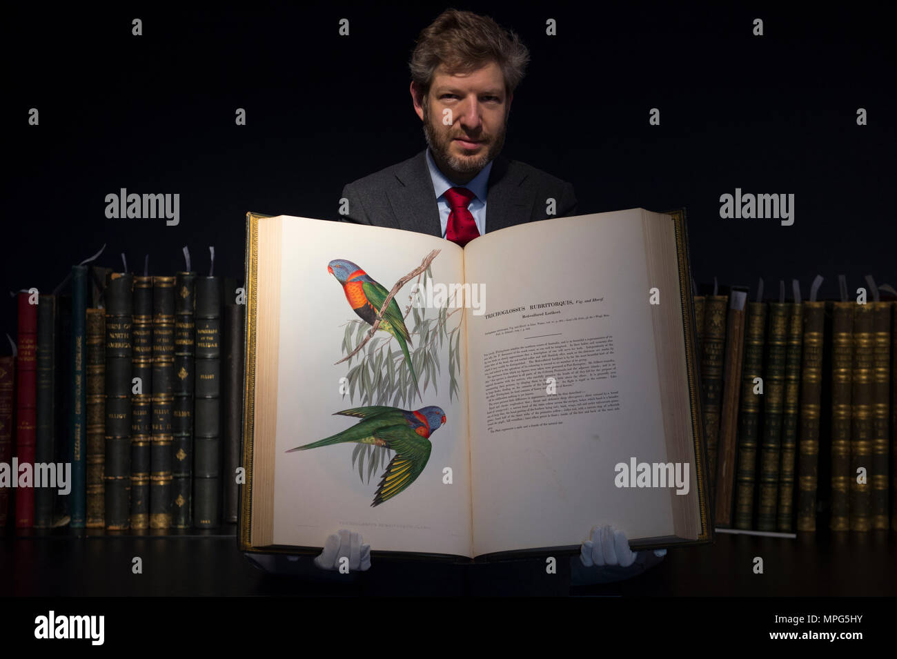 Bonhams, New Bond Street, London, UK. 23 Mai, 2018. Birds of a Feather, eine der schönsten Sammlungen von ornithologische Bücher in privaten Händen - Wassenaar Zoo: eine niederländische Private Bibliothek - ist auf Anzeige bei Bonhams, bevor es am 30. Mai. Die Kollektion enthält auch zoologische Werke auf Katzen, Affen, Fische, Chamäleons, Elefanten und andere Tiere, wurde in den 1950er montiert s die Arbeit von Wassenaar Zoo, die da geschlossen hat, zu ergänzen. Foto: Matthew Haley, Leiter der Bücher bei Bonhams, mit der Sammlung. Credit: Malcolm Park/Alamy Leben Nachrichten. Stockfoto