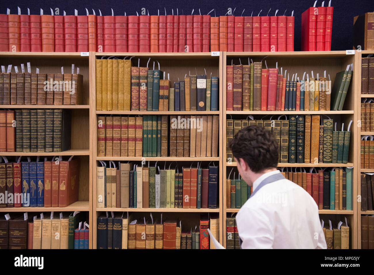 Bonhams, New Bond Street, London, UK. 23 Mai, 2018. Birds of a Feather, eine der schönsten Sammlungen von ornithologische Bücher in privaten Händen - Wassenaar Zoo: eine niederländische Private Bibliothek - ist auf Anzeige bei Bonhams, bevor es am 30. Mai. Die Kollektion enthält auch zoologische Werke auf Katzen, Affen, Fische, Chamäleons, Elefanten und andere Tiere, wurde in den 1950er montiert s die Arbeit von Wassenaar Zoo, die da geschlossen hat, zu ergänzen. Credit: Malcolm Park/Alamy Leben Nachrichten. Stockfoto