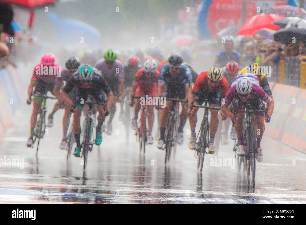 Iseo, Italien. 23 Mai, 2018. Ende DER BÜHNE Sieger Stufe 17 Elia Viviani Quick-Step Floorsduring die 101 Tour durch Italien 2018, Stufe 17 RIVA DEL GARDA - Lago d'Iseo (FRANCIACORTA STADIUM), 155 km am 23. Mai 2018 in Iseo, Italien Quelle: Fabio Averna/Alamy leben Nachrichten Stockfoto