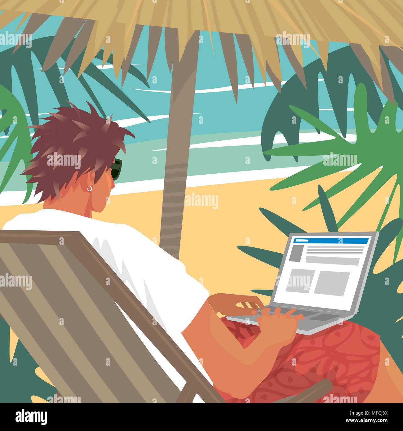 Beschäftigt junge Menschen Arbeiten am Laptop oder Notebook, sitzt im Liegestuhl am tropischen Strand neben dem Meer. Freiberufliche Konzept. Vereinfachende realistischen Comics. Stock Vektor