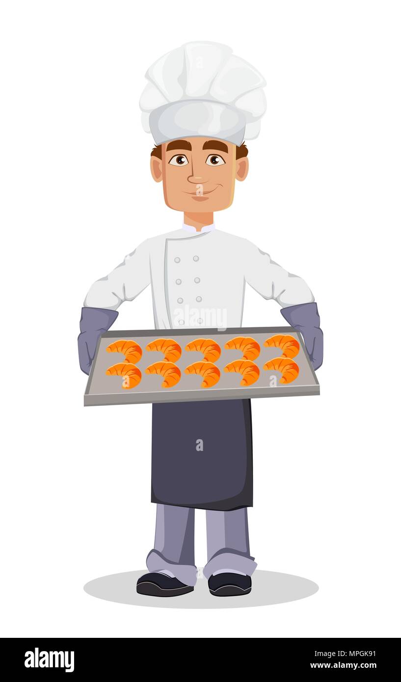 Stattliche Baker in professionellen einheitliche und Küchenchef hat Holding Backblech mit Croissants. Fröhliche cartoon Charakter. Vector Illustration auf Weiß zurück Stock Vektor