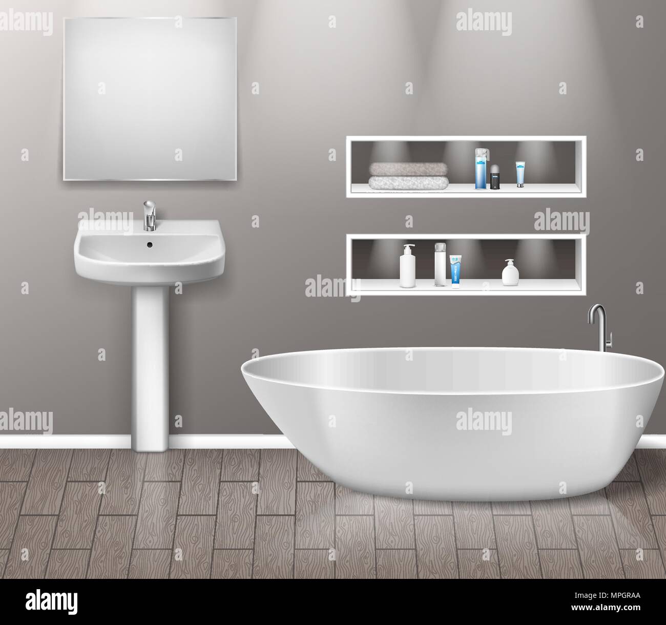 Realistische Badezimmer Möbel Interieur mit modernen Badezimmer Waschbecken, Spiegel, Regale, Badewanne und Dekor Elemente auf graue Wand mit Holzboden. Vector Illustration Stock Vektor