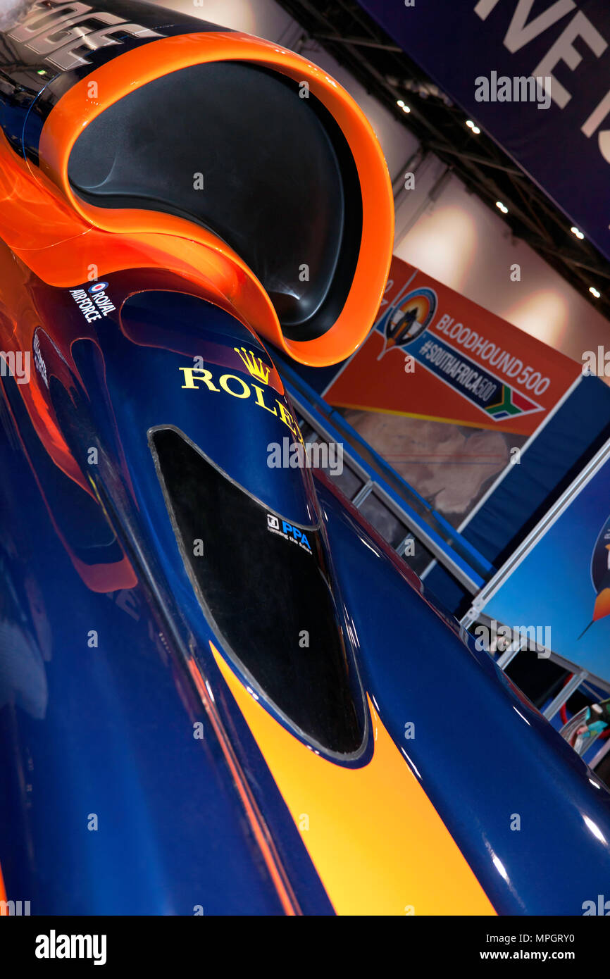 Nahaufnahme der Lufteinlass und Cockpit von BLOODHOUND SSC, die auf der London Motor Show 2018 Stockfoto