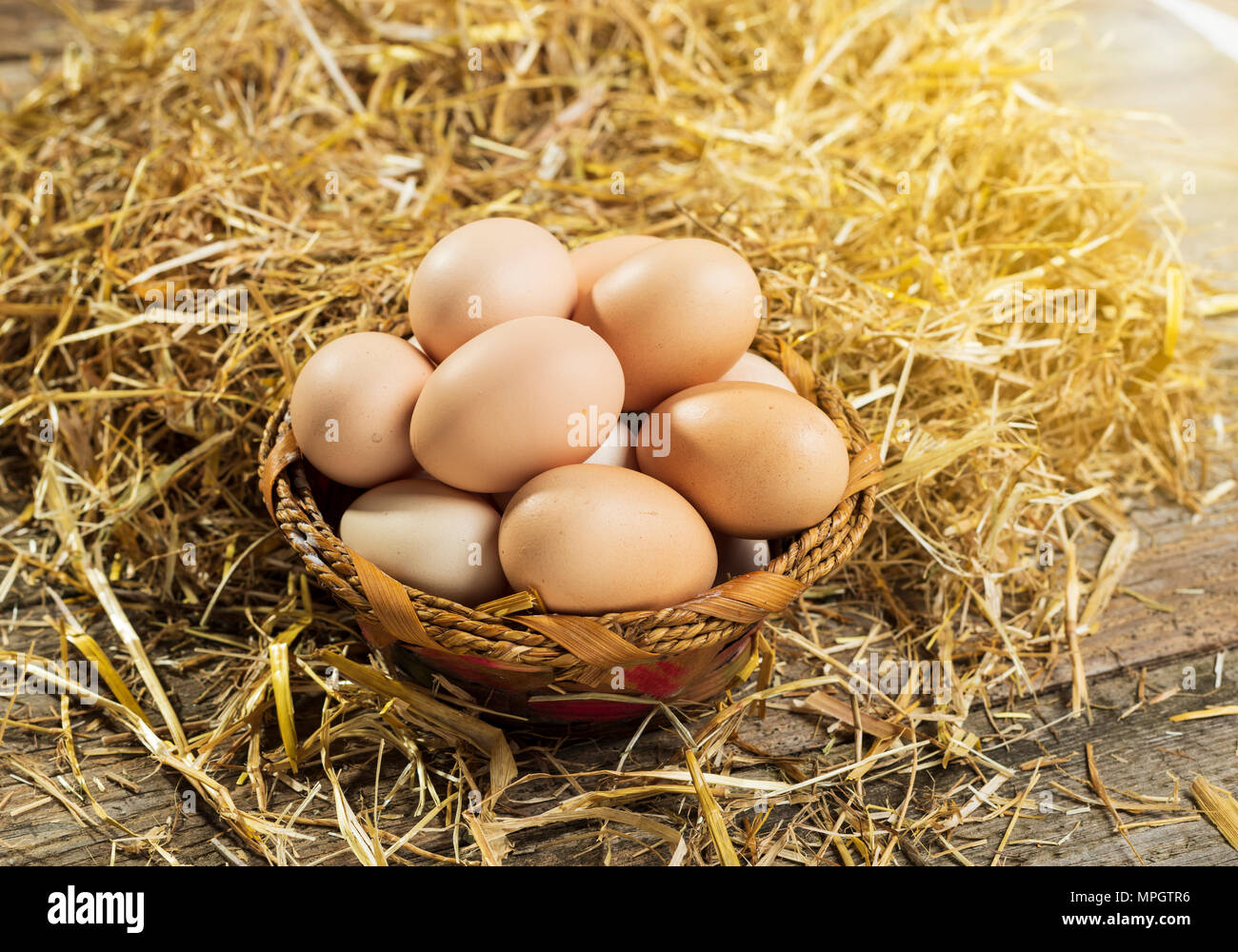 Eier im Heu Warenkorb Warenkorb mit Stroh Stockfoto