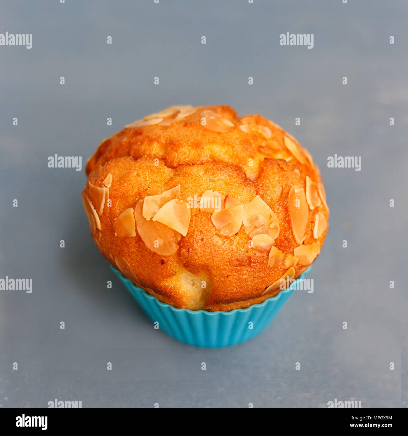 Muffins in Silikon Dosen auf einem blauen Hintergrund Stockfoto